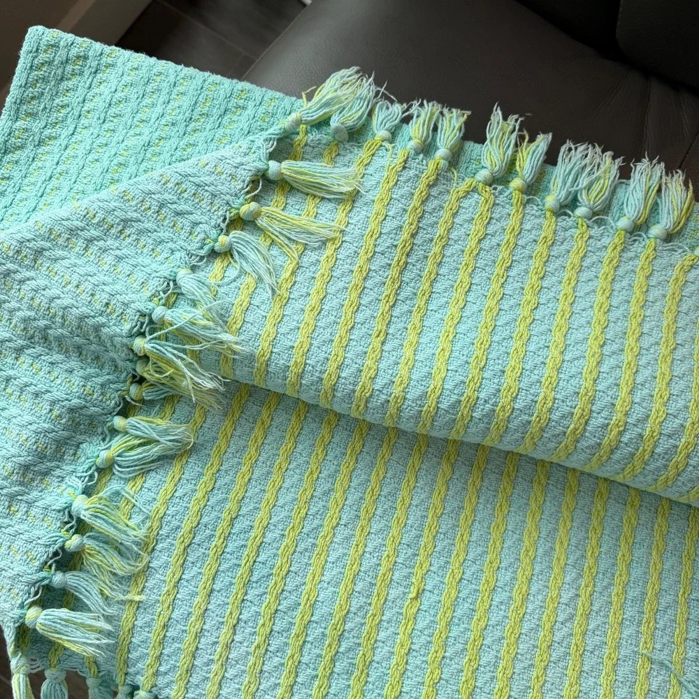 Vtg Knit Blanket Blue Yellow Fringe Unisex Cotton Throw Blanket‎